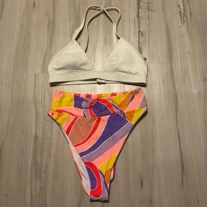 Aerie bathing suit set high waisted cheeky bottom and cross back white top